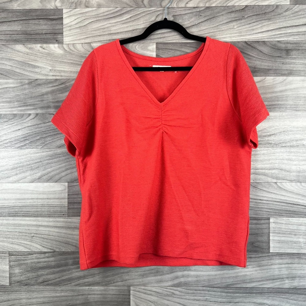 Madewell Top Women's Large Orange Textured Ruched Short Sleeve V-Neck‎ Pullover